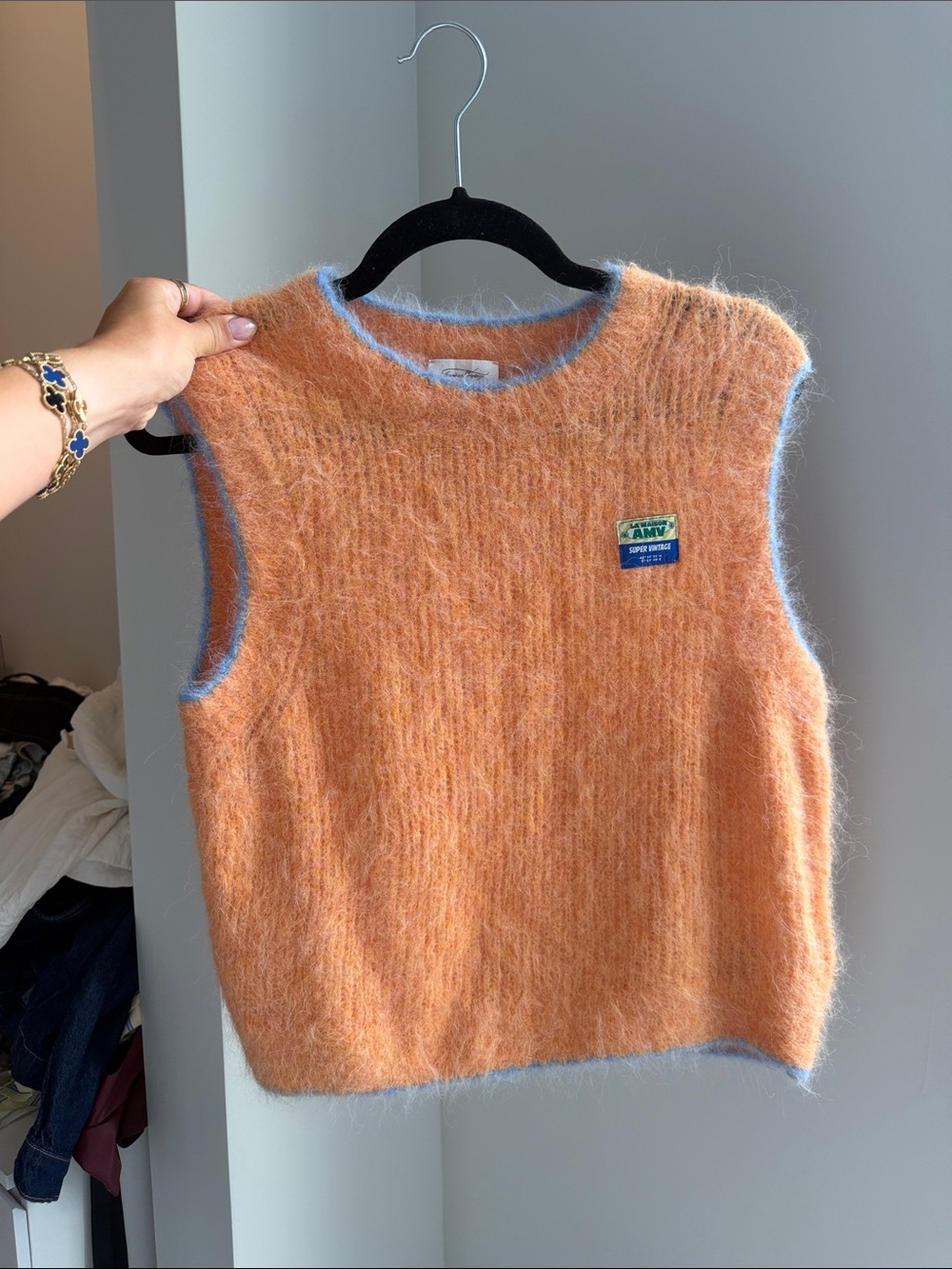 American Vintage Orange Fuzzy Sleeveless V-Neck Sweater Vest with Blue Trim
